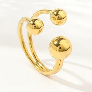 Cuff Ring Adjustable Inlaid Three Golden Beads Stainless Steel